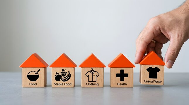 Hand arranging wooden house blocks with essential lifestyle icons symbolizing basic human needs and social welfare planning