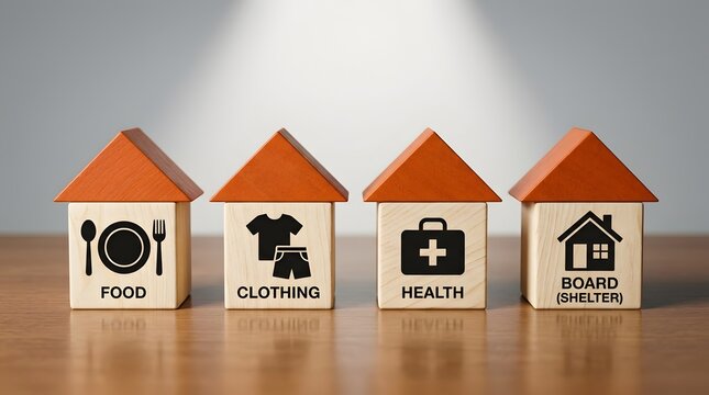 Four wooden house blocks displaying icons for food clothing health and shelter symbolizing basic human survival needs
