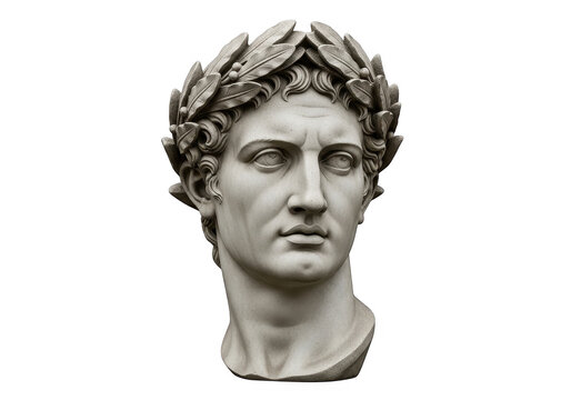Ancient roman marble statue head of a man wearing a laurel leaf crown isolated on transparent background