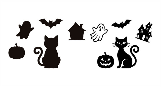 Halloween Icons Featuring Black Cats, Bats, Ghosts, and Pumpkins