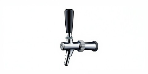 Fototapeta premium Shiny chrome beer tap with black lever rests on white surface. This bar faucet is for dispensing draft beer, beverages from kegs. A drink dispenser part for pubs, breweries, restaurants, or home bars.
