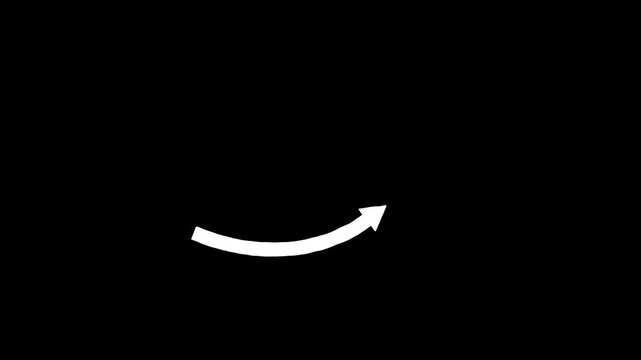 White arrow icon moving in upward curved motion against black background seamless loop, indicating direction or progress.