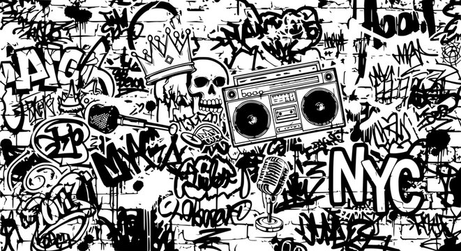Graffiti Art on Brick Wall with Boombox, Microphone, Skull, and Crown
