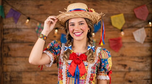 Beautiful smiling woman in colorful traditional Festa Junina outfit and straw hat posing against wooden background - Brazilian June festival concept.