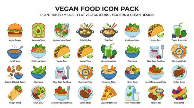 Vegan food icons showcase various plant-based meals and snacks in a modern grid layout