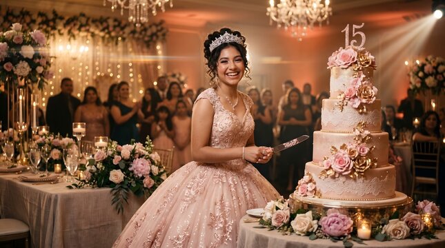 Joyful Quincea&ntilde;era Girl Cutting Her Elegant 15th Birthday Cake at a Grand Celebration