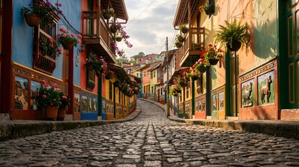 Fototapeta premium Vibrant Colorful Cobblestone Street Lined with Traditional Houses and Blooming Flowers