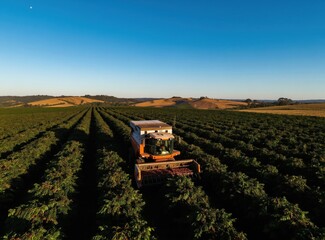 Obraz premium Machine harvests coffee beans on vast plantation in Brazil. Aerial drone view shows rows of coffee plants. Rural landscape with rolling hills and clear blue sky.
