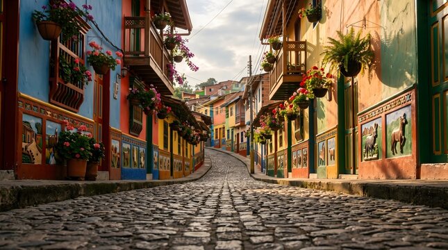 Vibrant Colorful Cobblestone Street Lined with Traditional Houses and Blooming Flowers