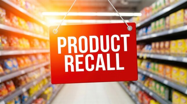Red 'product recall' sign hanging in supermarket aisle with blurred shelves filled with packaged goods highlighting consumer safety