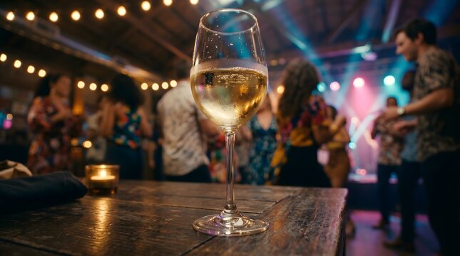 Sparkling White Wine Glass on a Rustic Table at a Lively Night Party with Blurred Dancing People and Festive Lights
