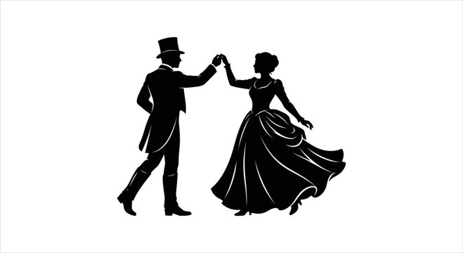 Couple dancing in vintage formal attire, black and white illustration
