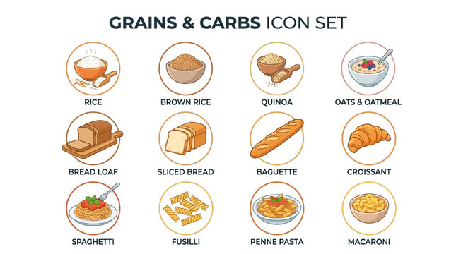 A collection of icons depicting various grains and carbs including rice, bread, pasta, and oatmeal in a grid layout for food illustration