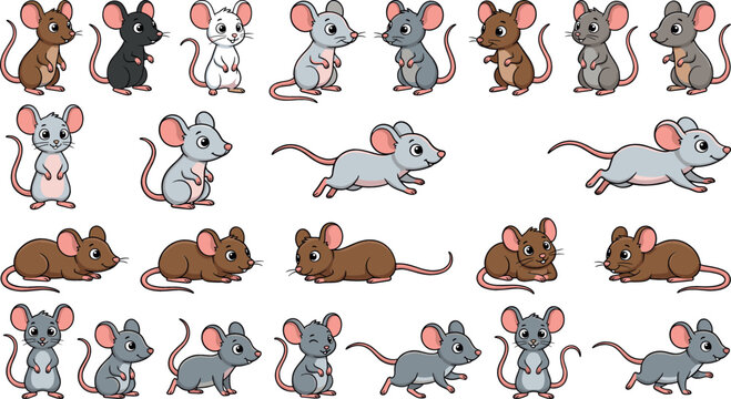 Playful cartoon mouse illustrations in various colors and poses for a cute and fun animal vector collection.