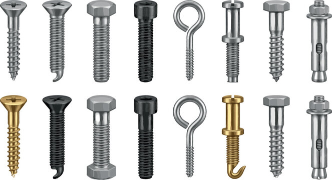 Vector illustrations of different types of bolts, screws, and hardware fasteners in various shapes and materials.