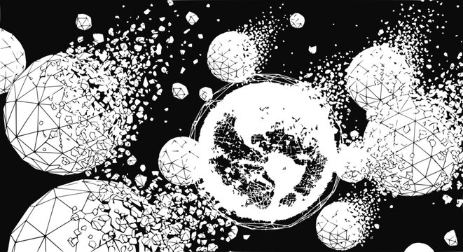 Abstract Exploding Spheres and Earth Globe, Geometric Particles, Black Background