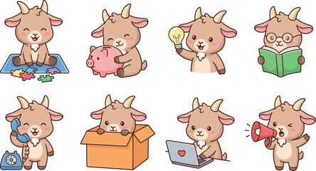 Obraz premium Cute goat character vector illustration set performing various activities like playing puzzle saving money holding lightbulb reading book using telephone sitting in box laptop and using megaphone desi