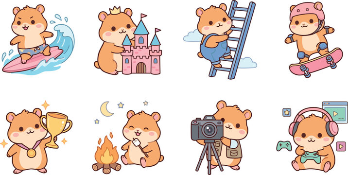 Cute hamster character vector illustration set performing various hobbies like surfing building sandcastle climbing ladder skateboarding winning trophy camping photography and gaming for kids activiti