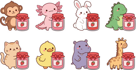 Cute animal characters holding strawberry jam jars vector illustration set featuring monkey axolotl bunny dinosaur cat duck hippo and giraffe. © Aktarul