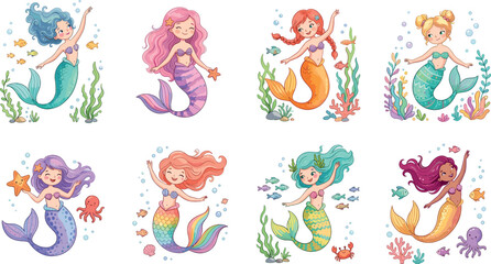Fototapeta premium Playful and colorful mermaid vector illustrations featuring various mermaids with different hair colors and sea creatures.