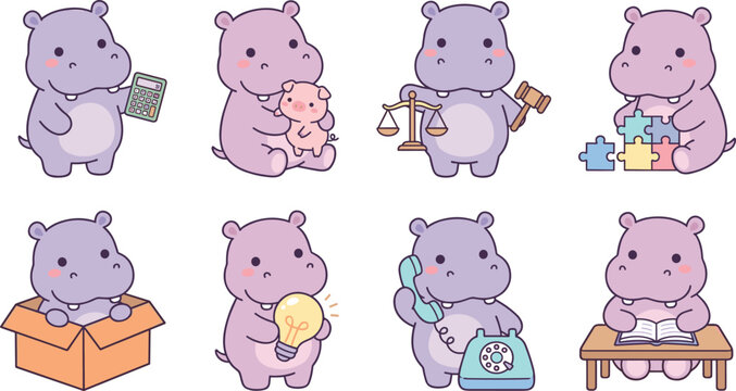Cute hippo character vector illustration set performing various business office and educational activities.