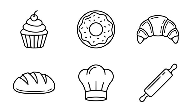 Clean black and white outline vector bakery and sweets illustration set simple minimalist drawing of cupcake donut croissant and bread