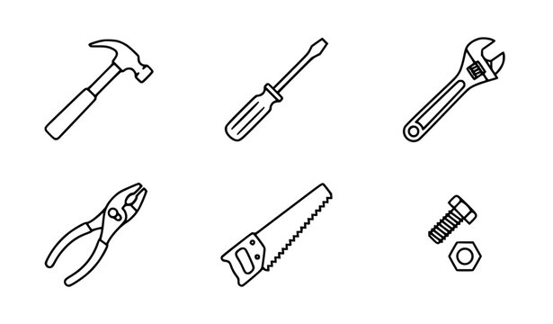 Clean black and white outline vector hand tools hardware illustration set simple minimalist drawing of hammer screwdriver wrench and pliers