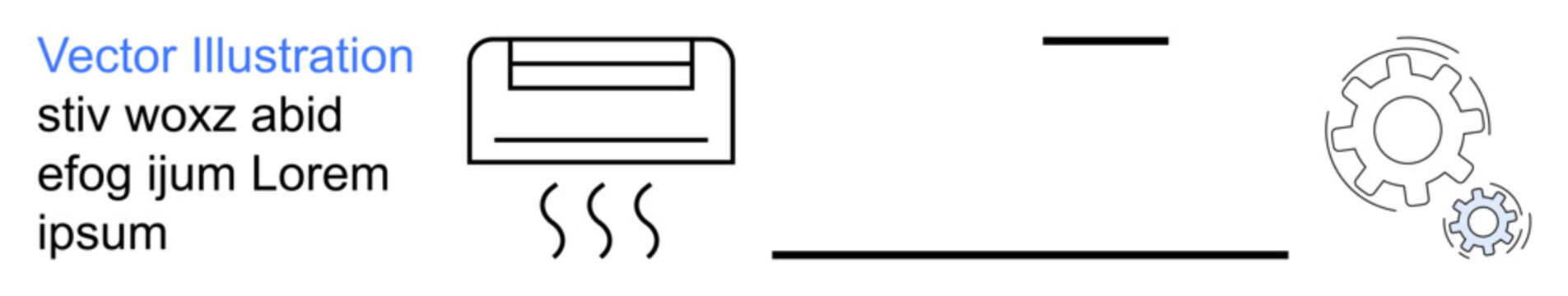 HVAC systems, mechanical processes, air circulation, design elements, graphic templates, workspace visuals. Components include an air conditioner, gears and minimal text. HVAC systems and mechanical