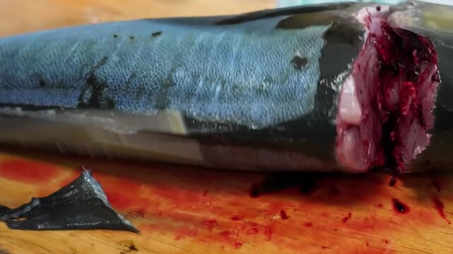 Close-up slow-motion footage of a sharp fillet knife precisely cutting through the skin and meat of a fresh rainbow trout. The scene showcases professional culinary skills, food preparation, and the t