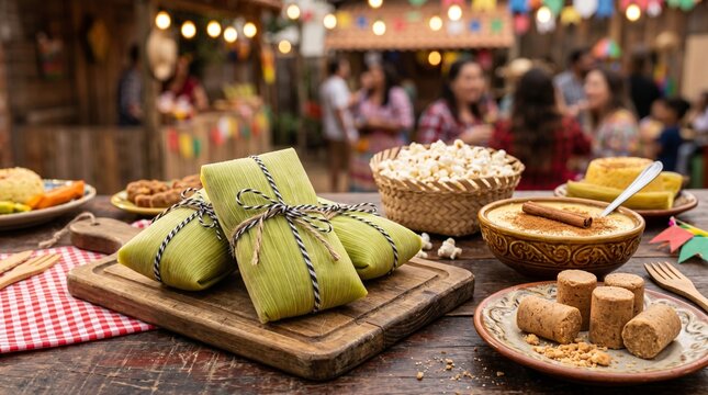 Traditional Brazilian Festa Junina food arrangement with pamonha, pa&ccedil;oca, curau, and popcorn on a rustic wooden table.
