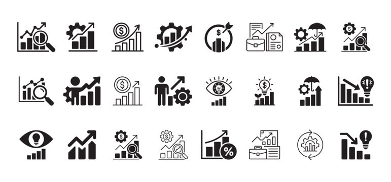 Diverse set of financial icons showing business graphs charts growth charts investment money gear target umbrella bulb eye percentages and analytical reporting.