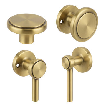 Set of modern brass furniture knobs and handles for home interior isolated on transparent background