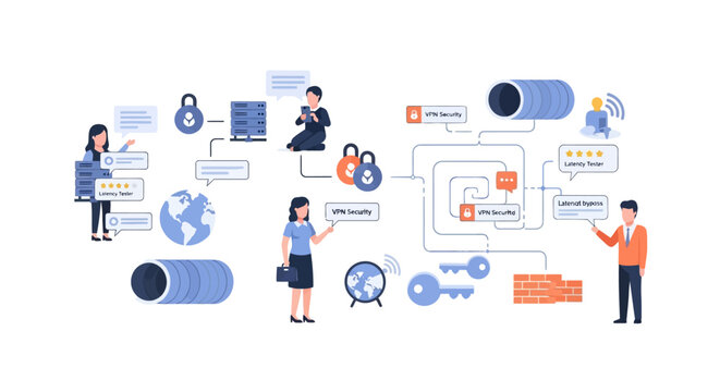 VPN Security Network Diagram with People and Locks