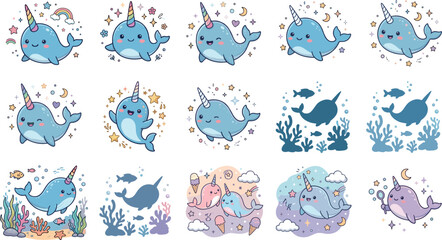 Set of Cute and Colorful Narwhal Illustrations with Various Poses and Ocean Elements for Fantasy and Animal Themes © MbBasir