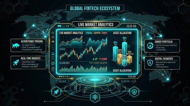 Dynamic visual representation of a global fintech ecosystem dashboard, showcasing live market analytics, smart portfolio management, and digital payment solutions on a futuristic interface