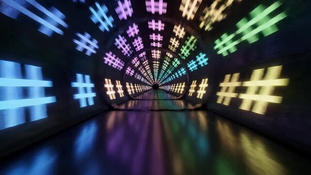 A futuristic tunnel with vibrant, colorful hash symbols radiating from the distance, creating a dynamic visual effect on the reflective floor