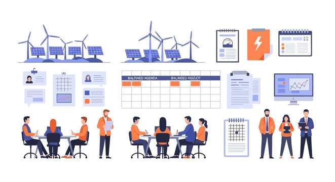 Renewable energy planning meeting with wind turbines and solar panels