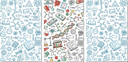 Obraz premium Science and Education Vector Set with Chemistry, Physics, Biology, Laboratory Equipment, Formulas, Books, and Learning Symbols for STEM, School, and Academic Illustrations.