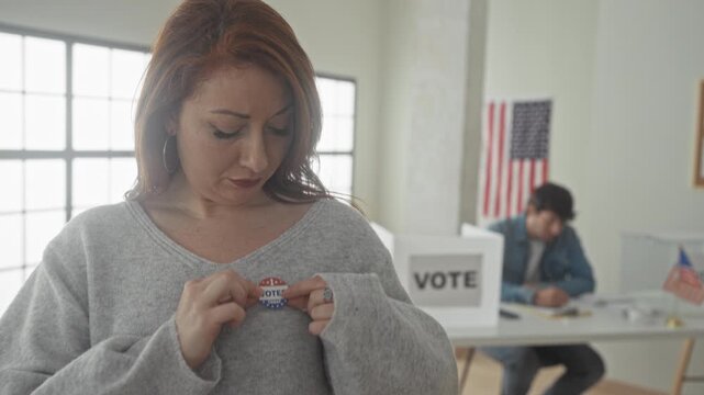 Woman points finger to 'i voted' sticker on sweater in polling building near a voting booth and american flag, after casting ballot at the polling station; civic duty pride.