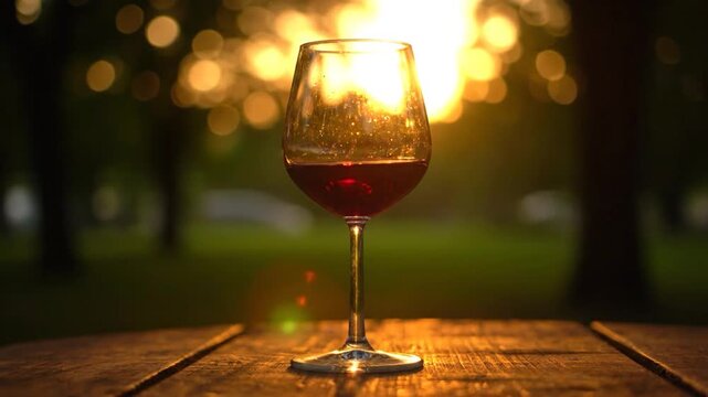 Pouring red wine into a glass at sunset with bokeh lights.