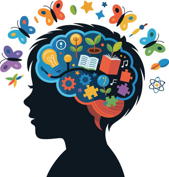 Creative intelligence kids brain shown through child brain concept vector on white background.