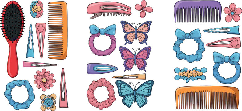 Hair Accessories Vector Set with Combs, Brushes, Hair Clips, Scrunchies, Bows, and Decorative Items for Styling, Beauty, Fashion, Kids, and Haircare Designs.