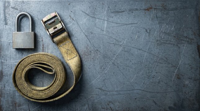 Old rusty belt and padlock on surface.