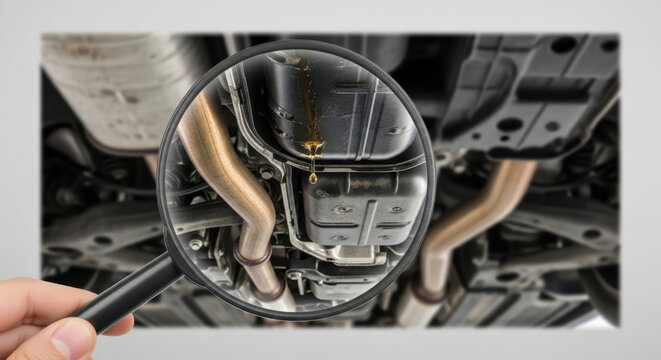 Car insurance accident estimate mechanic inspection Car inspection for insurance after accident estimate showing oil leak