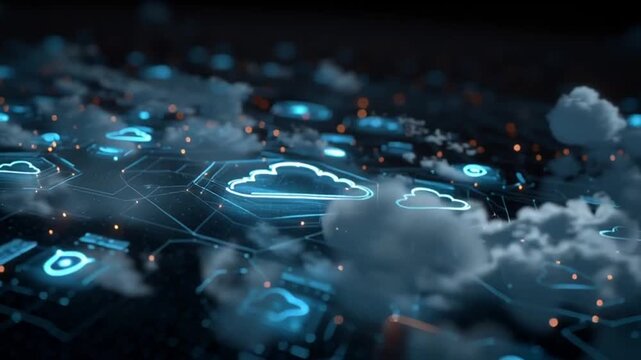 Futuristic blue cloud computing icons float amidst digital circuits on a dark background with glowing nodes and connections