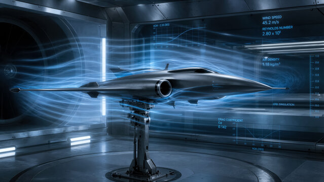 Drone model inside holographic wind tunnel with glowing light streaks showing high tech aerodynamics