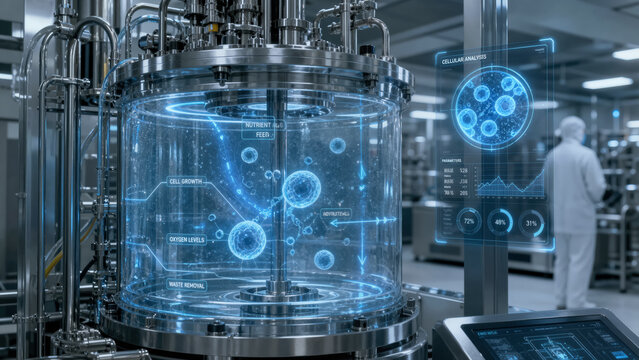 Transparent industrial bioreactor with holographic overlay showing microscopic cell division and growth