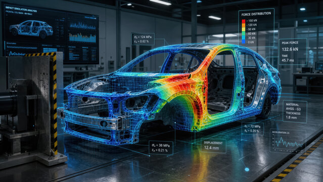 Car body in laboratory with glowing digital twin overlay showing impact force distribution in crash test