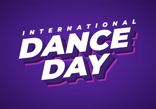 Bold 3D purple poster reading international dance day with layered shadow and vibrant pink accents on deep purple background.