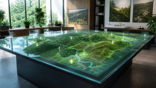 Glass touch-table displaying 3D topographic map of reforestation project. High-tech office design architecture